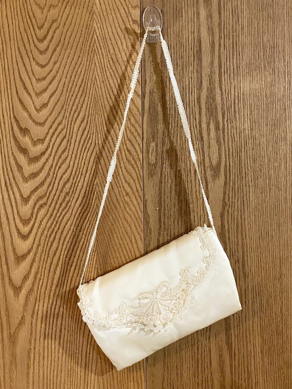 Vintage Ivory Satin Bridal Clutch Purse Lace Pearl Bow Wedding 80s 90s